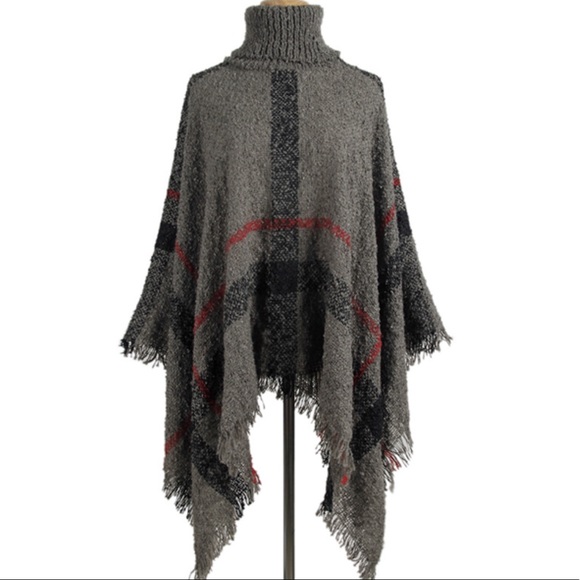 Gray Plaid Turtleneck Cape Poncho Knit Sweater - Picture 3 of 3